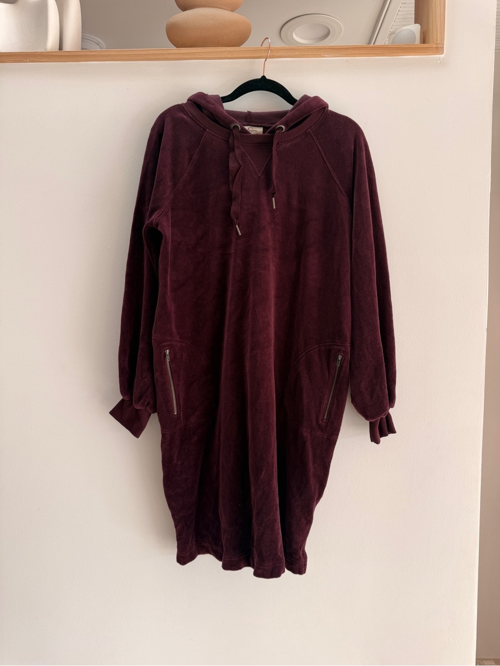 Maternity Plush Hooded Sweatshirt Dress in Deep Burgundy. Jessica Simpson